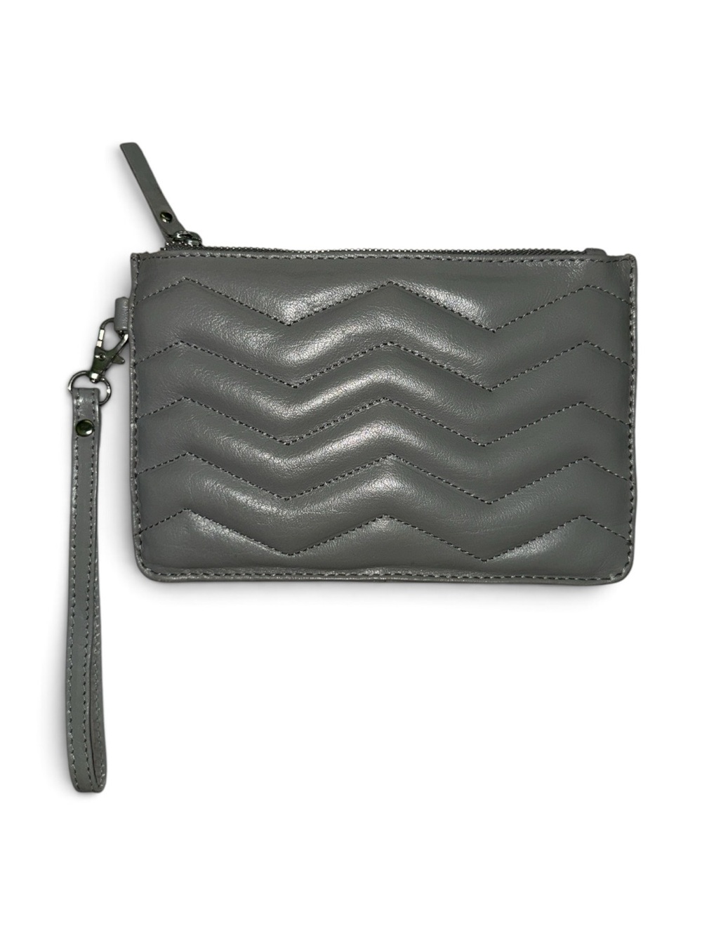 Serra Chevron Leather Grey Quilted Wristlet Pouch New